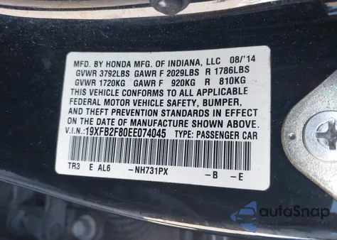 2014 Honda Civic Ex from USA, damaged, VIN 19XFB2F80EE074045